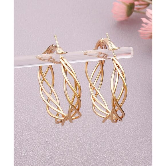 Gold Braid Twist Hoop Earrings Lightweight Stylish Swirl Classic Fashion Jewelry - Picture 1 of 4